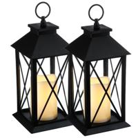 Tuin lantaarn - 2x - zwart - kunststof/glas - 14 x 14 x 28 cm - buiten