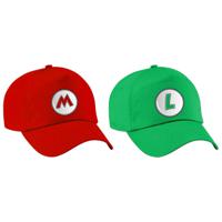 Game verkleed petten set - loodgieters Mario/Luigi - rood/groen - volwassenen  - carnaval   -