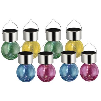 Solar sfeer hanglamp - 8x stuks - geel / groen / roze / blauw - 9 cm - glas - aan haak