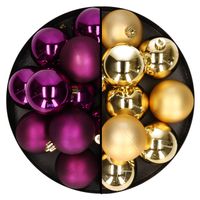 Kerstballen 24x stuks - mix goud en paars - 6 cm - kunststof - Kerstbal - thumbnail