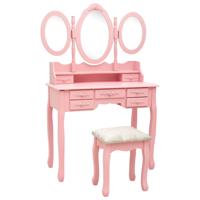Kaptafel met kruk en drievoudige spiegel roze