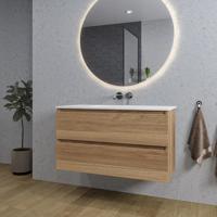 Adema Chaci Badkamermeubelset - 100x46x57cm - 1 keramische wasbak wit - zonder kraangaten - 2 lades - ronde spiegel met verlichting - eiken SW1212774/SW773927/SW161922 Adema Chaci Badkamermeubelset - 100x46x57cm - 1 keramische wasbak wit - zonder kraangaten - 2 lades - ronde spiegel met verlichting - eiken SW1212774/SW773927/SW161922