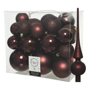 Set van 26x stuks kunststof kerstballen incl. glazen piek mat mahonie bruin - Kerstbal