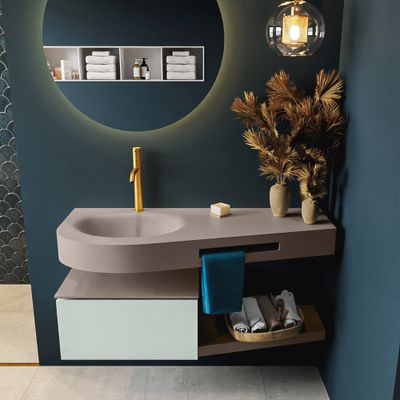 MONDIAZ RIVA 120cm badmeubel onderkast / planchet kleur Greey met 1 lade. Wastafel DULCET links 1 kraangat kleur Smoke. MONDIAZ RIVA 120cm badmeubel onderkast / planchet kleur Greey met 1 lade. Wastafel DULCET links 1 kraangat kleur Smoke.