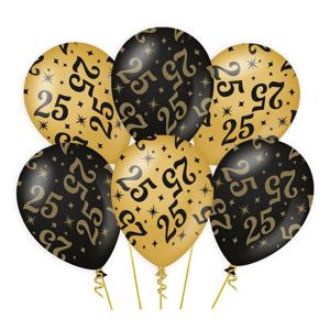 Ballonnen 25 jaar - 6x stuks - zwart/goud - leeftijd - 30 cm - versiering - verjaardag