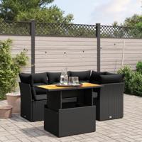 5-delige Loungeset met kussens poly rattan zwart