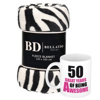 Cadeau verjaardag 50 jaar vrouw set - Fleece plaid/deken zebra print met 50 great years awesome mok   - - thumbnail