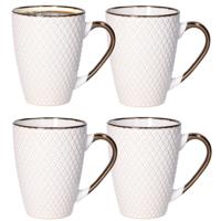 Koffiemokken Harlekijn - 4x stuks - Keramiek - wit/goud - 300 ml - 8 x 11 cm