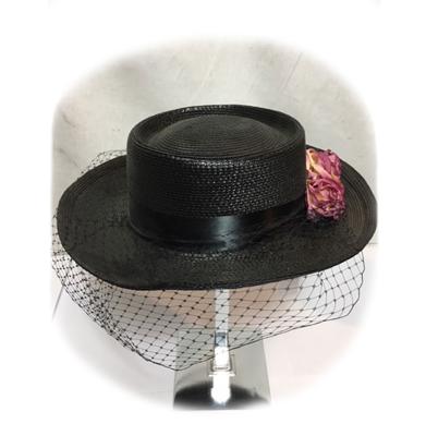 Vintage Hat Straw Veil Black / Rose Pink | 15% korting