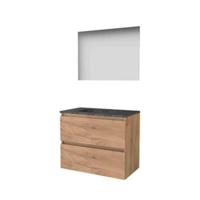 Basic-Line Ultimate 46 Badkamermeubelset - 80 x 46 cm - Greeploos - 2 Lades - Hardstenen Wastafel - 1 Kraangat - Spiegel met Indirecte LED Verlichting - Whisky Oak