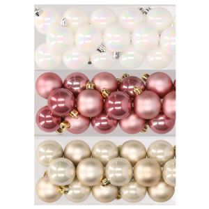 48x stuks kunststof kerstballen mix van parelmoer wit, oudroze en champagne 4 cm