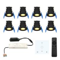 Set van 8 Milano LED Mini Inbouwspots met trafo en muurdimmer - 12 Volt 3 Watt 200 lumen - Dimbaar - Plat 34mm - 2700K - IP65 waterdicht - Zwart