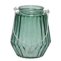 Theelichthouders/waxinelichthouders streepjes glas zeegroen met metalen handvat 11 x 13 cm Theelichthouders/waxinelichthouders streepjes glas zeegroen met metalen handvat 11 x 13 cm