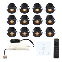 Set van 12 Olivia LED Mini Inbouwspots met Trafo en Muurdimmer - 12 Volt 3 Watt 150 lumen - Dimbaar - Verzonken - Plat 36mm - 2700K - IP44 waterdicht - Zwart