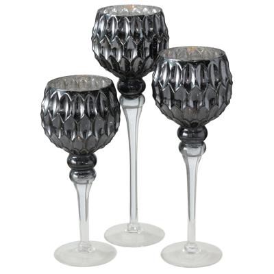 Deco by Boltze kaarsenhouders - 3 stuks - antraciet/zilver - glas - 30-40 cm