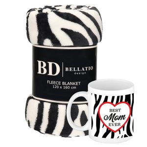 Cadeau moeder set - Fleece plaid/deken zebra print met Best mom ever zebraprint mok