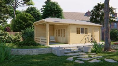 Tuindeco Sibella Blokhut 420x420 cm + overkapping 280 cm 44 mm vuren blank- Wolfskap- Onbehandeld vurenhout- Tuindeco
