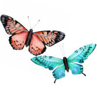 Wanddecoratie vlinders - 2x stuks - rood en aqua - 49 x 34 cm - metaal - muurdecoratie tuin