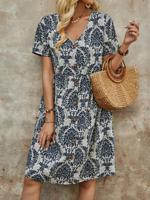 Loose Casual V Neck Ethnic Dress With No