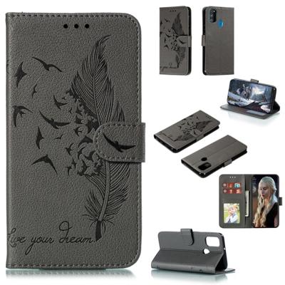 Voor Galaxy M30s Feather patroon Litchi textuur horizontale Flip lederen draagtas met houder & portemonnee & kaartsleuven (grijs)