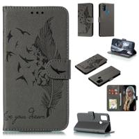 Voor Galaxy M30s Feather patroon Litchi textuur horizontale Flip lederen draagtas met houder & portemonnee & kaartsleuven (grijs)
