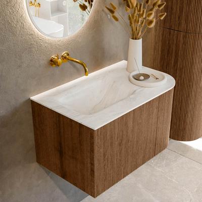 Mondiaz KURVE-DLUX 75 cm Onderkast Greeploos 1 Lade Met Deuren Walnut, Wastafel Solid Surface Links Ostra 0 Kraangaten Zonder Spiegel (KRVGRU75R1L1D0KL-Wal/Ost)