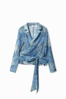 Wikkelblouse met denim patch - BLUE - L - thumbnail