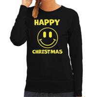 Foute kersttrui/sweater voor dames - Happy Christmas - zwart - glitter geel - Smiley