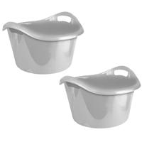 Grote teil/afwasbak/kuip - 2x - kunststof - rond - handvatten - 54 x 32 cm - 38 liter - zilvergrijs