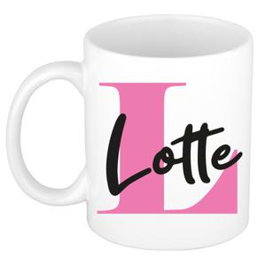 Naam mok Lotte - roze - wit - keramiek - 300 ml - verjaardag/cadeau beker