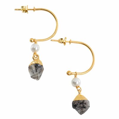 Edelsteen Oorhangers Parel en Herkimer Diamant 925 Zilver Goudkleurig (45 mm)