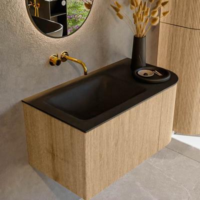 Mondiaz KURVE 85 cm Onderkast Greeploos 1 Lade Met Deuren Oak, Wastafel Solid Surface Links Urban 0 Kraangaten Zonder Spiegel (KRVCLO85R1L1D0KL-Oak/Urb)
