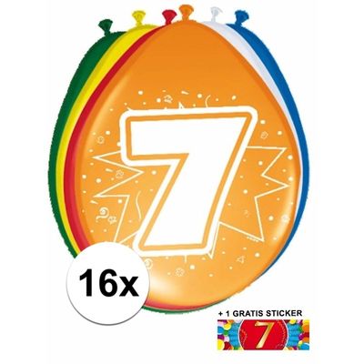 Versiering 7 jaar ballonnen 30 cm 16x + sticker