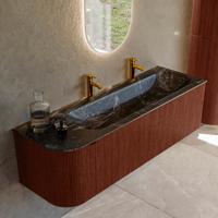 Badmeubel Mondiaz Kurve-Dlux | 145 cm cm | Meubelkleur Ruby | Wastafelkleur Lava | Solid surface | Wasbak rechter zijde spoelbak | 2 kraangaten