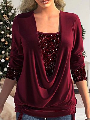 Loose Sequin Panel Gold Velvet Tape Long Sleeve T-shirt