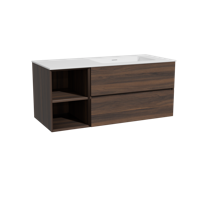 Storke Edge zwevend badmeubel 120 x 52 cm notenhout met Mata asymmetrisch rechtse wastafel in solid surface mat wit