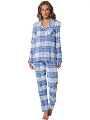 Dames pyjama Flanel - Ligt Blue - 100% katoenen pyjama met knoopsluiting en lange mouwen
