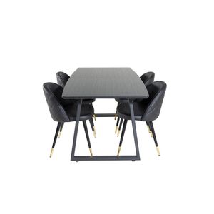 IncaBLBL eethoek eetkamertafel uitschuifbare tafel lengte cm 160 / 200 zwart en 4 Velvet eetkamerstal PU kunstleer