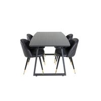 IncaBLBL eethoek eetkamertafel uitschuifbare tafel lengte cm 160 / 200 zwart en 4 Velvet eetkamerstal PU kunstleer - thumbnail