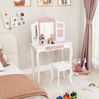 Kinderkaptafel Prinses Kaptafel met Lade Inklapbare Spiegel met Kaptafel Wit