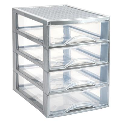 Ladekastje bureau organizer - 4x lades - zilver/transparant - L26 x B35 x H36 cm - kunststof