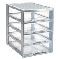 Ladekastje bureau organizer - 4x lades - zilver/transparant - L26 x B35 x H36 cm - kunststof