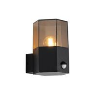 QAZQA Buiten wandlamp zwart met smoke glas zeshoek en bewegingssensor - thumbnail