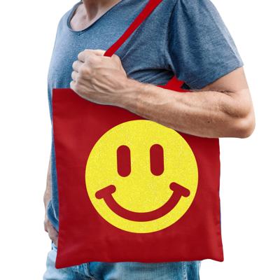 Cadeau tas voor heren - glitter Smile Emoticon - rood - katoen - 42 x 38 cm - Vaderdag - verjaardag