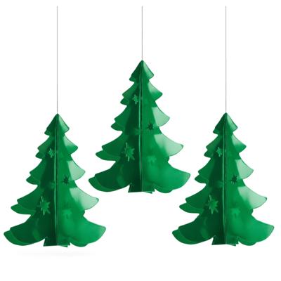 Hangdecoratie kerstboom - 3x - groen - 35 cm - brandvertragend papier - kerstversiering