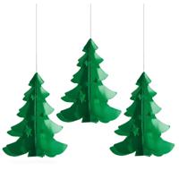 Hangdecoratie kerstboom - 3x - groen - 35 cm - brandvertragend papier - kerstversiering