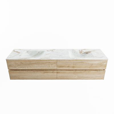 MONDIAZ VICA-DLUX 200cm badmeubel onderkast Washed Oak 4 lades. Inbouw wastafel CLOUD dubbel 2 kraangaten, kleur Frappe.
