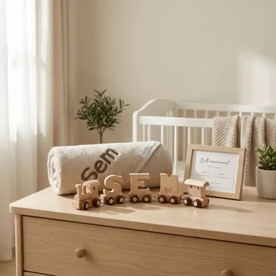 Houten naamtreintje met badcape of badjas