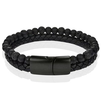 Memphis Heren armband zwart leer Agaat kralen Edelstaal magneet sluiting