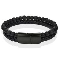 Memphis Heren armband zwart leer Agaat kralen Edelstaal magneet sluiting